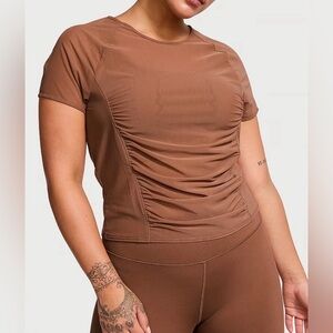 Victoria's Secret Sheer Brown Short Sleeve Mesh Ruched Athletic Top